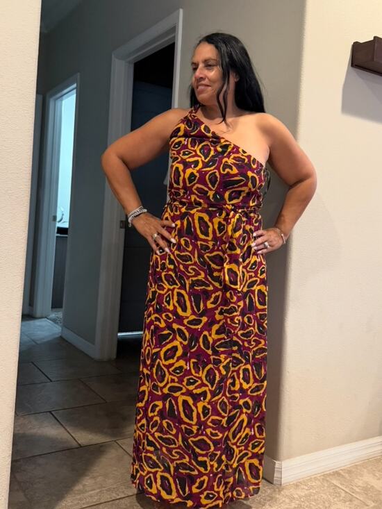Ellen Tracy Dresses & Skirts - Ellen Tracey silky One-Shoulder Maxi Dress in Burgundy Yellow Print